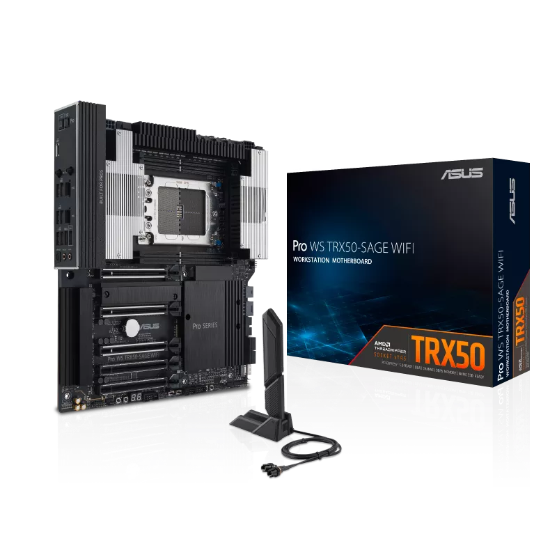 A large main feature product image of ASUS Pro WS TRX50-SAGE WiFi sTR5 CEB Workstation Desktop Motherboard