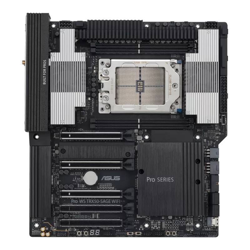 A large main feature product image of ASUS Pro WS TRX50-SAGE WiFi sTR5 CEB Workstation Desktop Motherboard