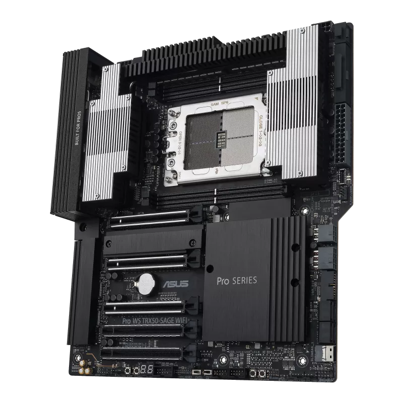 A large main feature product image of ASUS Pro WS TRX50-SAGE WiFi sTR5 CEB Workstation Desktop Motherboard