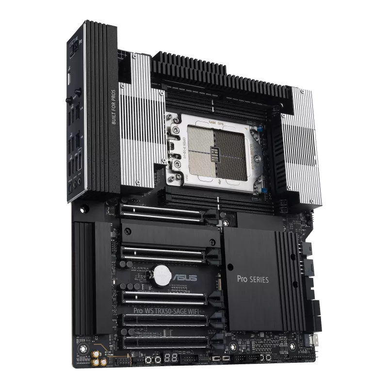 A large main feature product image of ASUS Pro WS TRX50-SAGE WiFi sTR5 CEB Workstation Desktop Motherboard