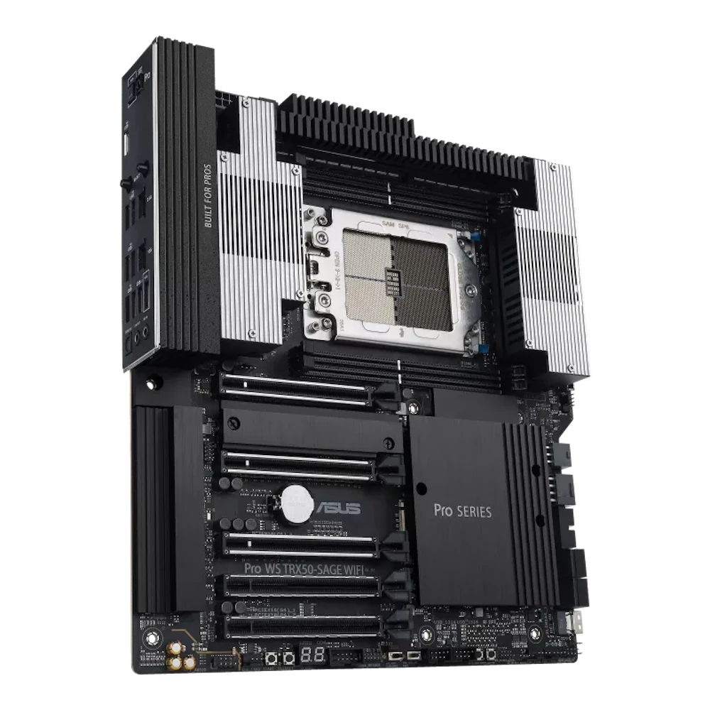 A large main feature product image of ASUS Pro WS TRX50-SAGE WiFi sTR5 CEB Workstation Desktop Motherboard