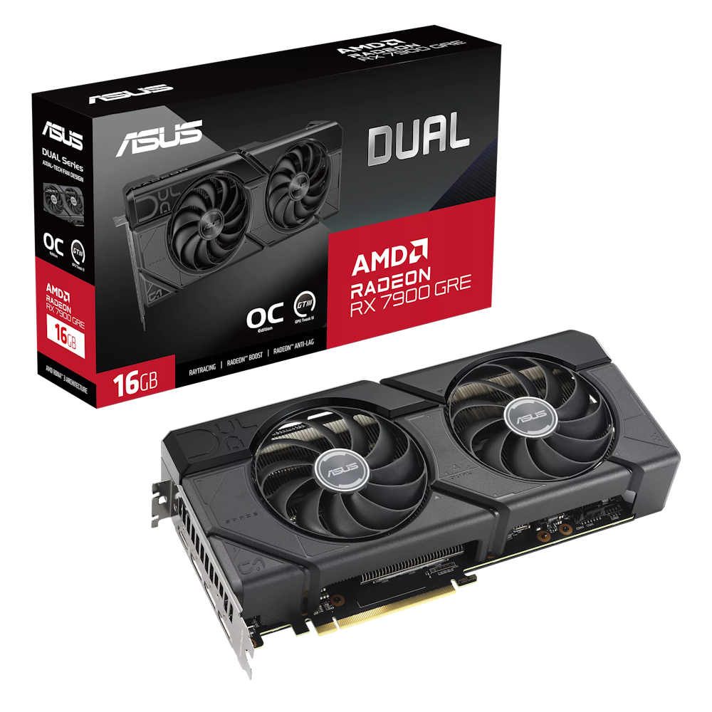 A large main feature product image of ASUS Radeon RX 7900 GRE Dual OC 16GB GDDR6