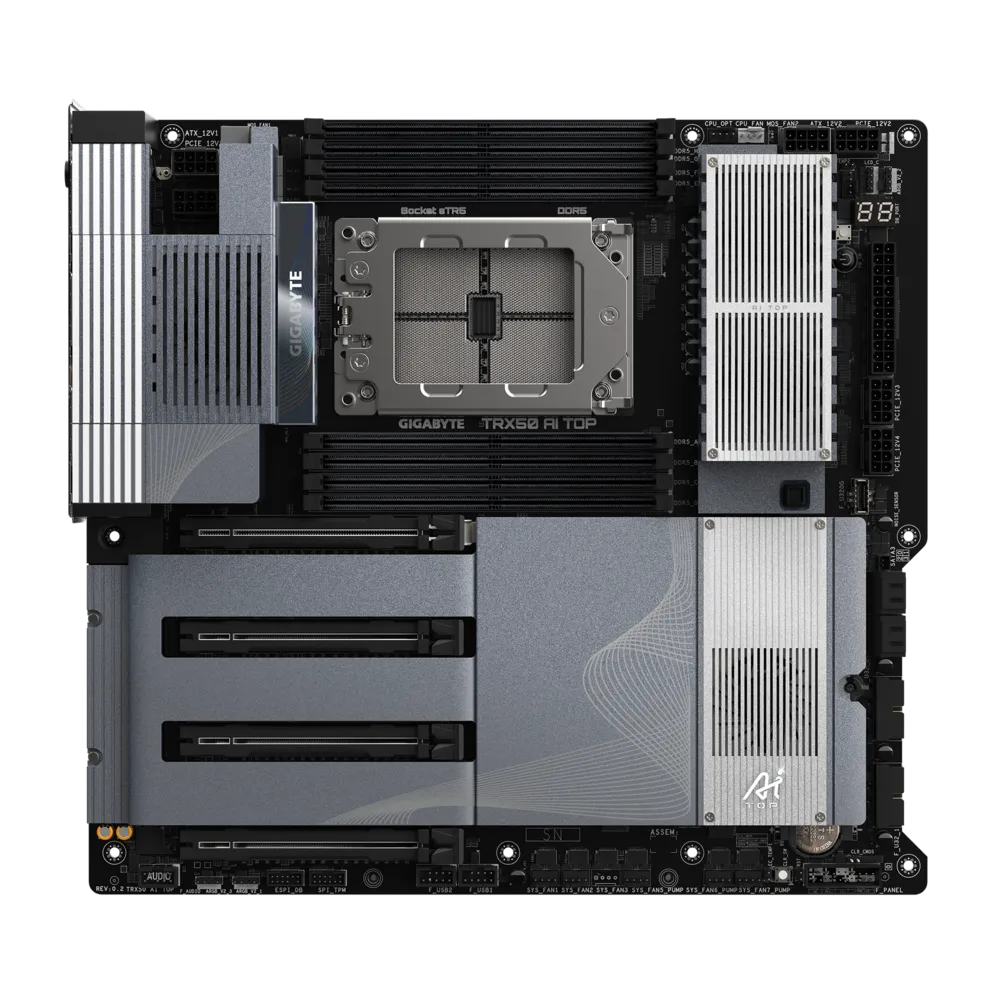 A large main feature product image of Gigabyte TRX50 AI TOP sTR5 eATX Desktop Motherboard