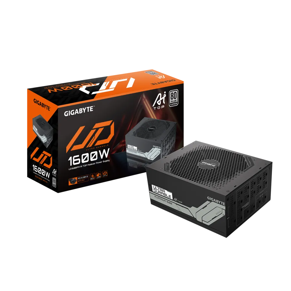 A large main feature product image of Gigabyte UD1600PM PG5 AI Top 1600W Platinum ATX Modular 15A PSU 