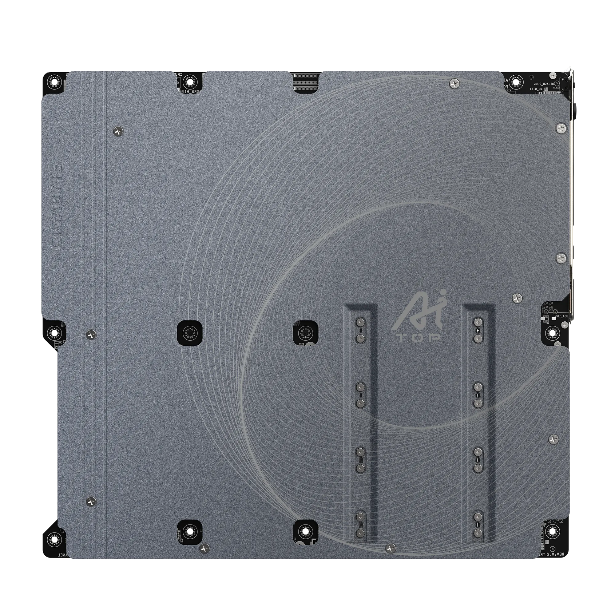 A large main feature product image of Gigabyte TRX50 AI TOP sTR5 eATX Desktop Motherboard