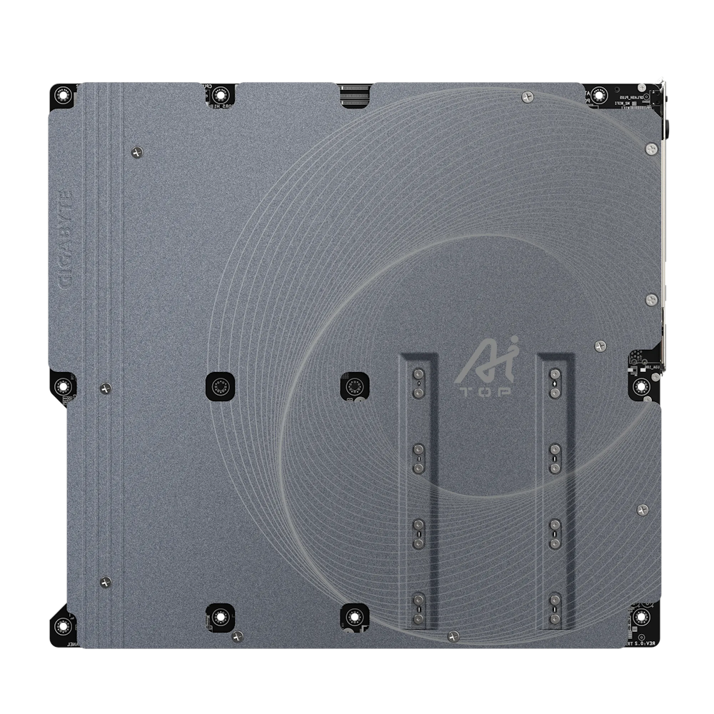 A large main feature product image of Gigabyte TRX50 AI TOP sTR5 eATX Desktop Motherboard