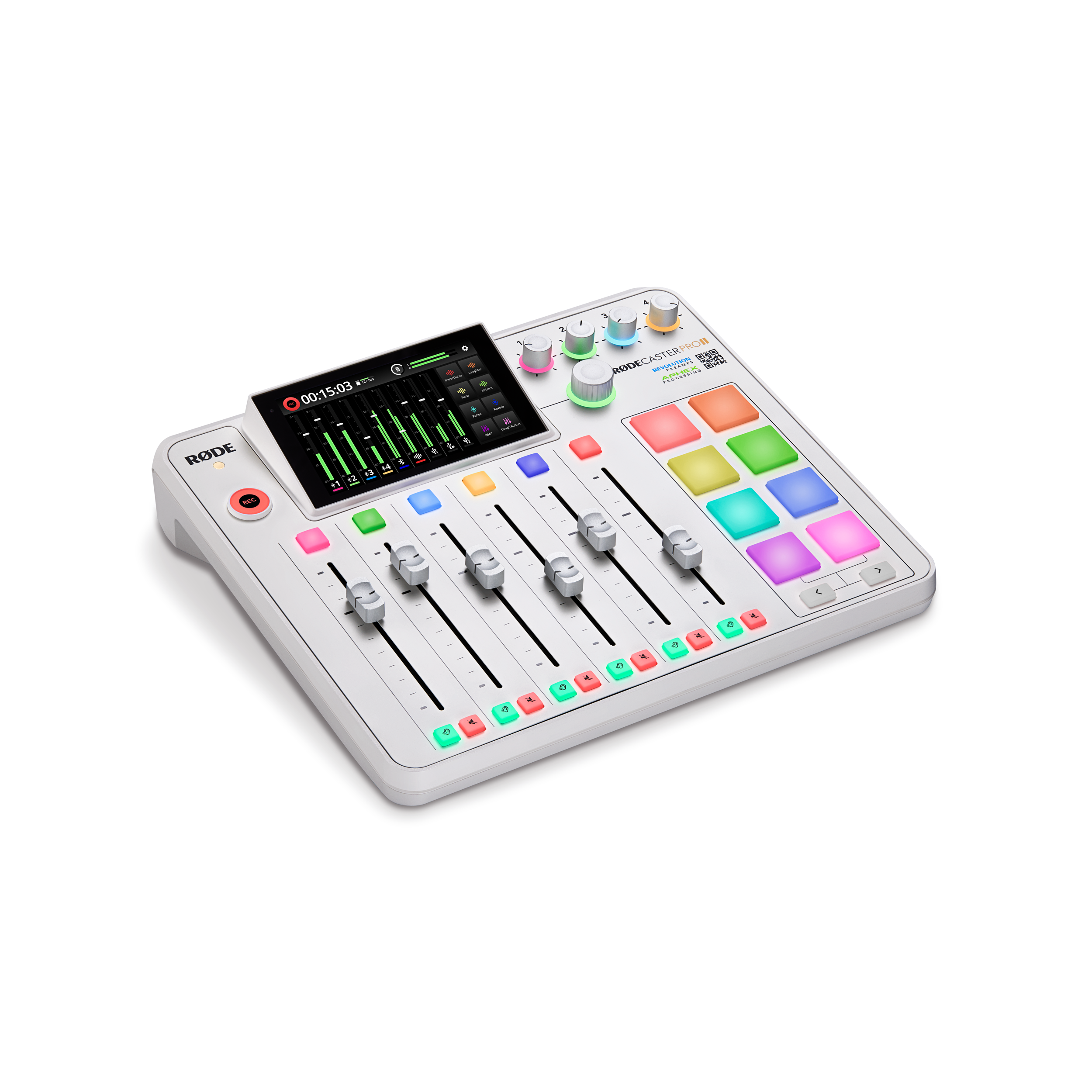 A large main feature product image of RODE RODECaster Pro II - Integrated Audio Production Studio (White)