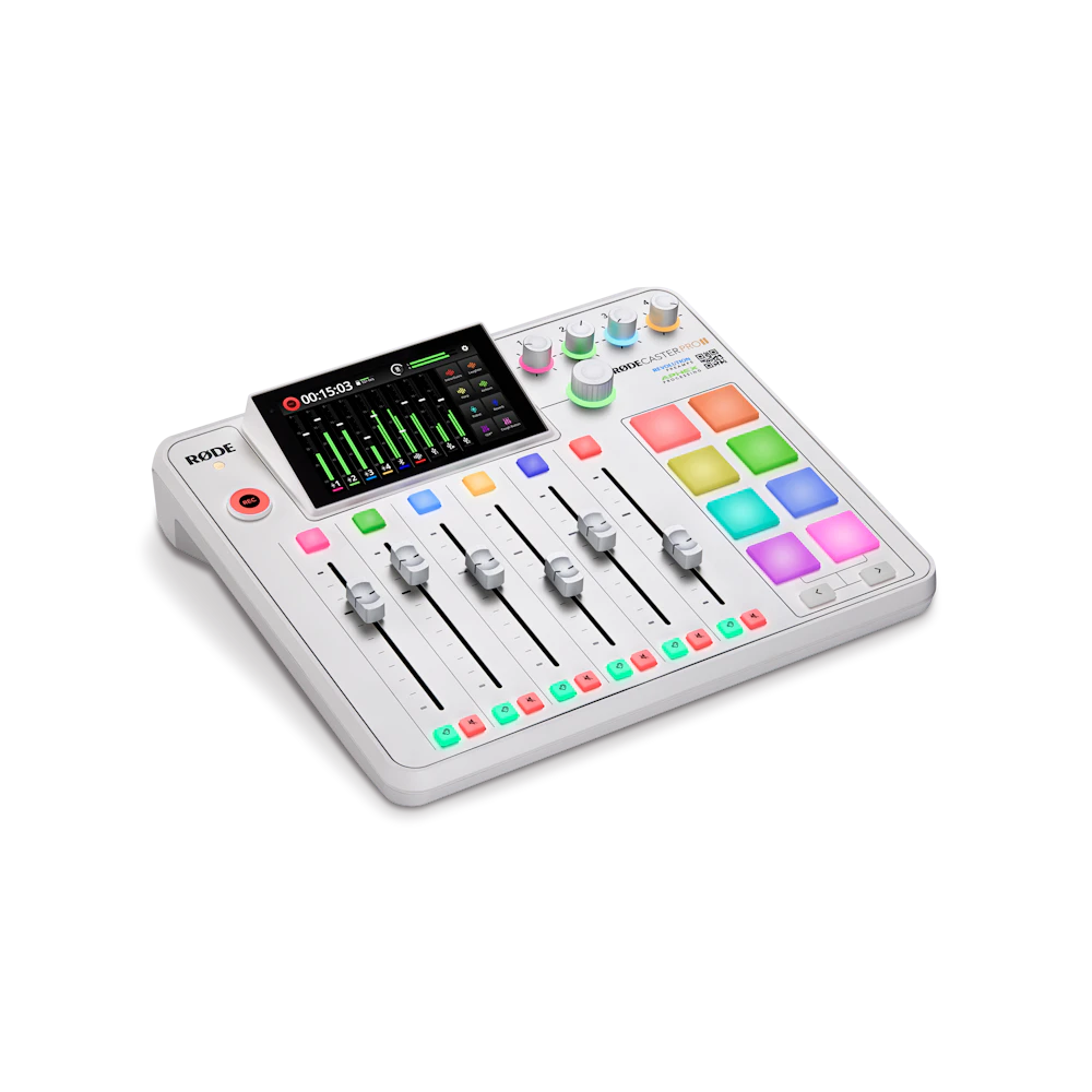 A large main feature product image of RODE RODECaster Pro II - Integrated Audio Production Studio (White)