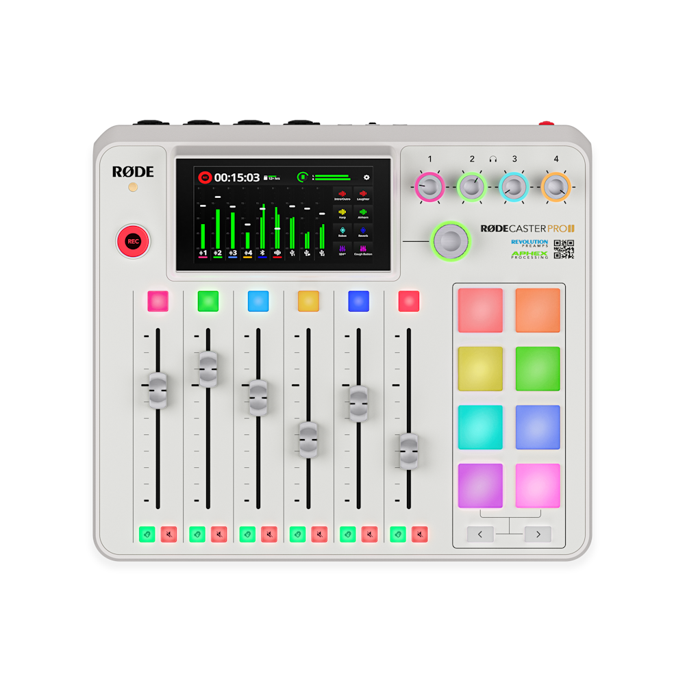 A large main feature product image of RODE RODECaster Pro II - Integrated Audio Production Studio (White)