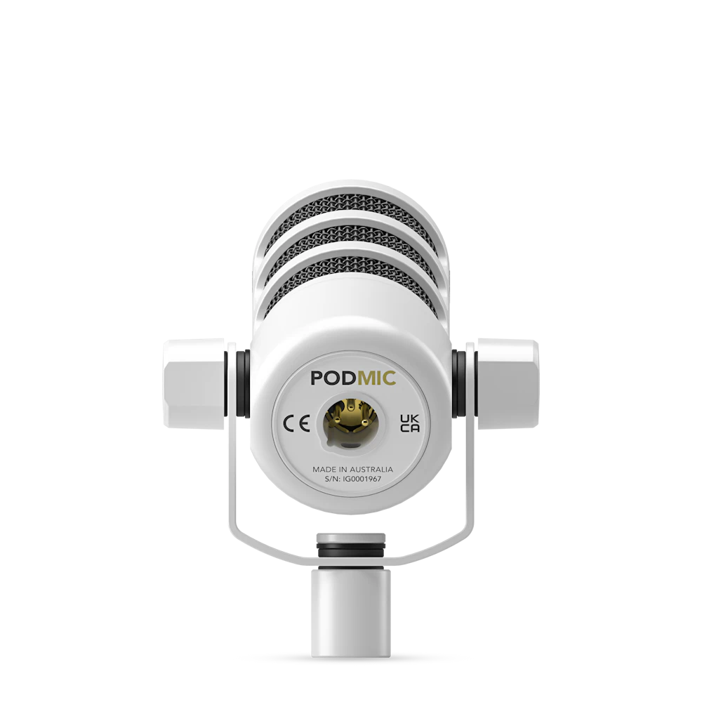A large main feature product image of RODE PodMic - Cardioid Dynamic Broadcast XLR Microphone (White)