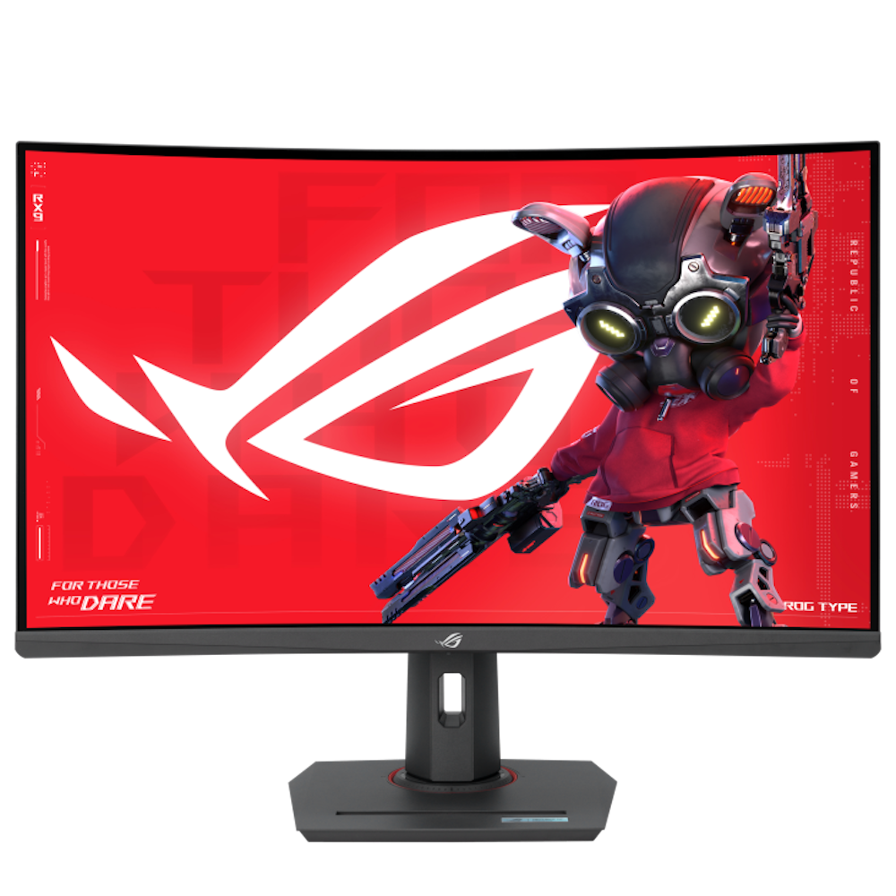 A large main feature product image of ASUS ROG Strix XG32WCS 32" Curved 1440p 180Hz Fast VA Monitor