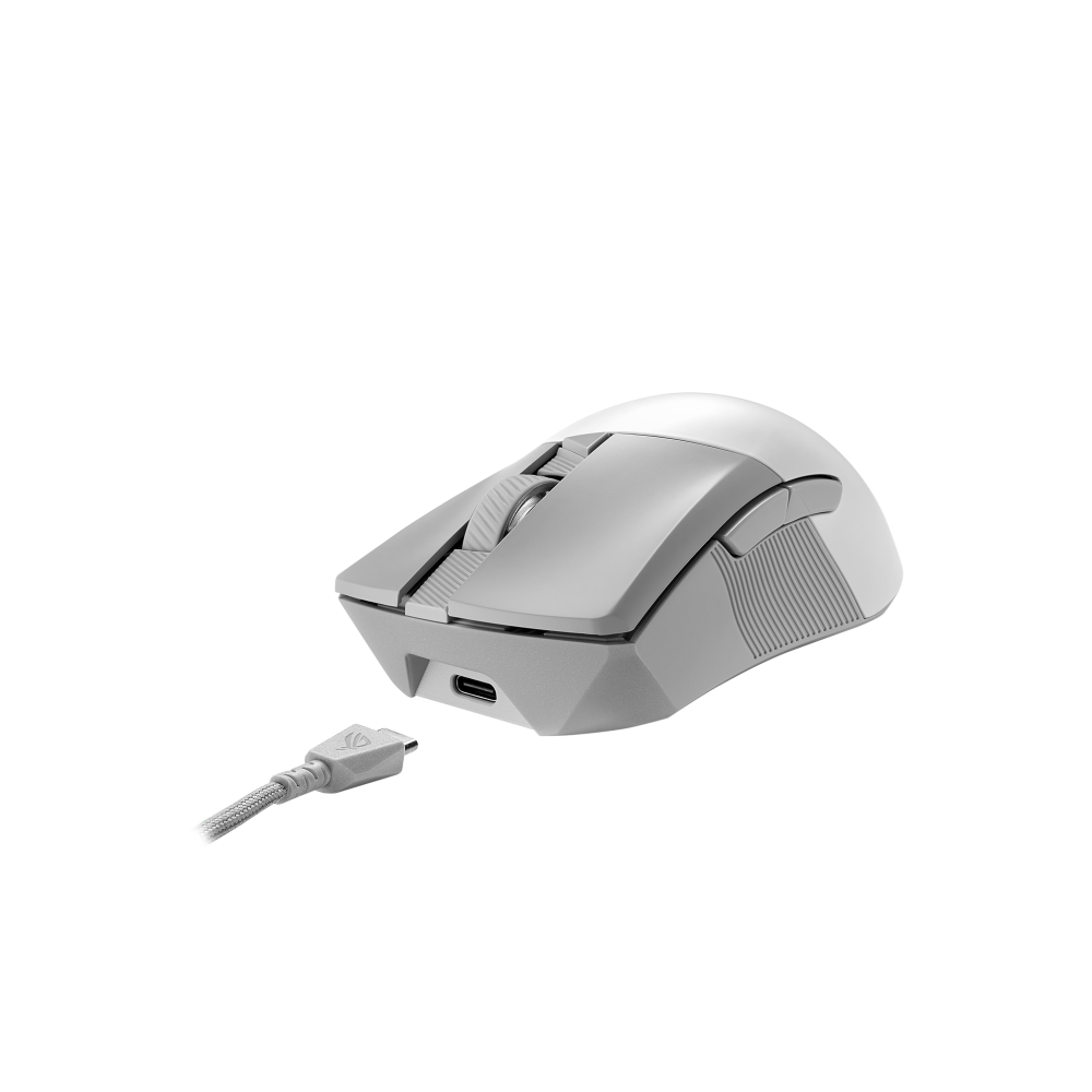A large main feature product image of ASUS ROG Gladius III Wireless Aimpoint Gaming Mouse - Moonlight White