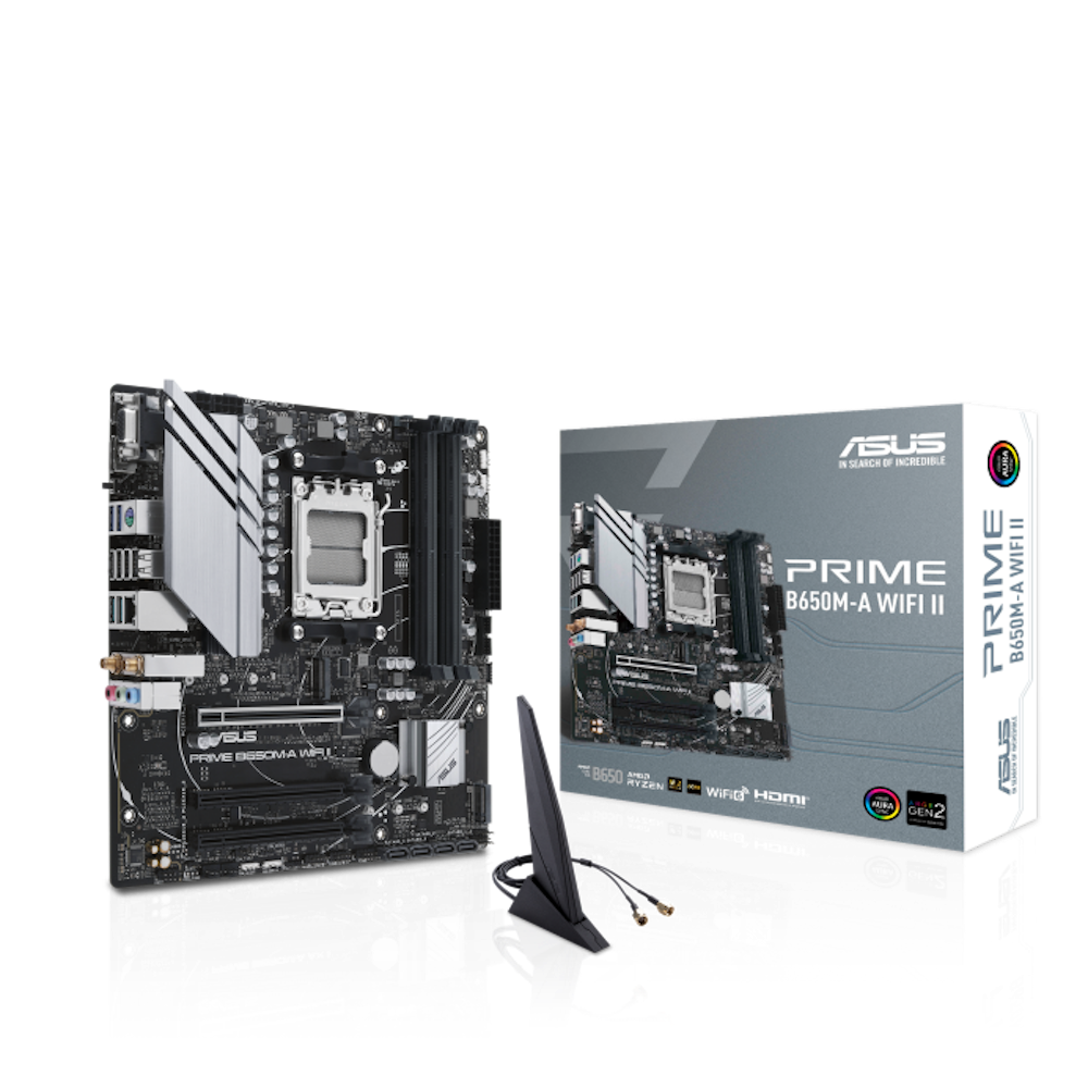 A large main feature product image of EX-DEMO ASUS PRIME B650M-A WiFi II AM5 mATX Desktop Motherboard