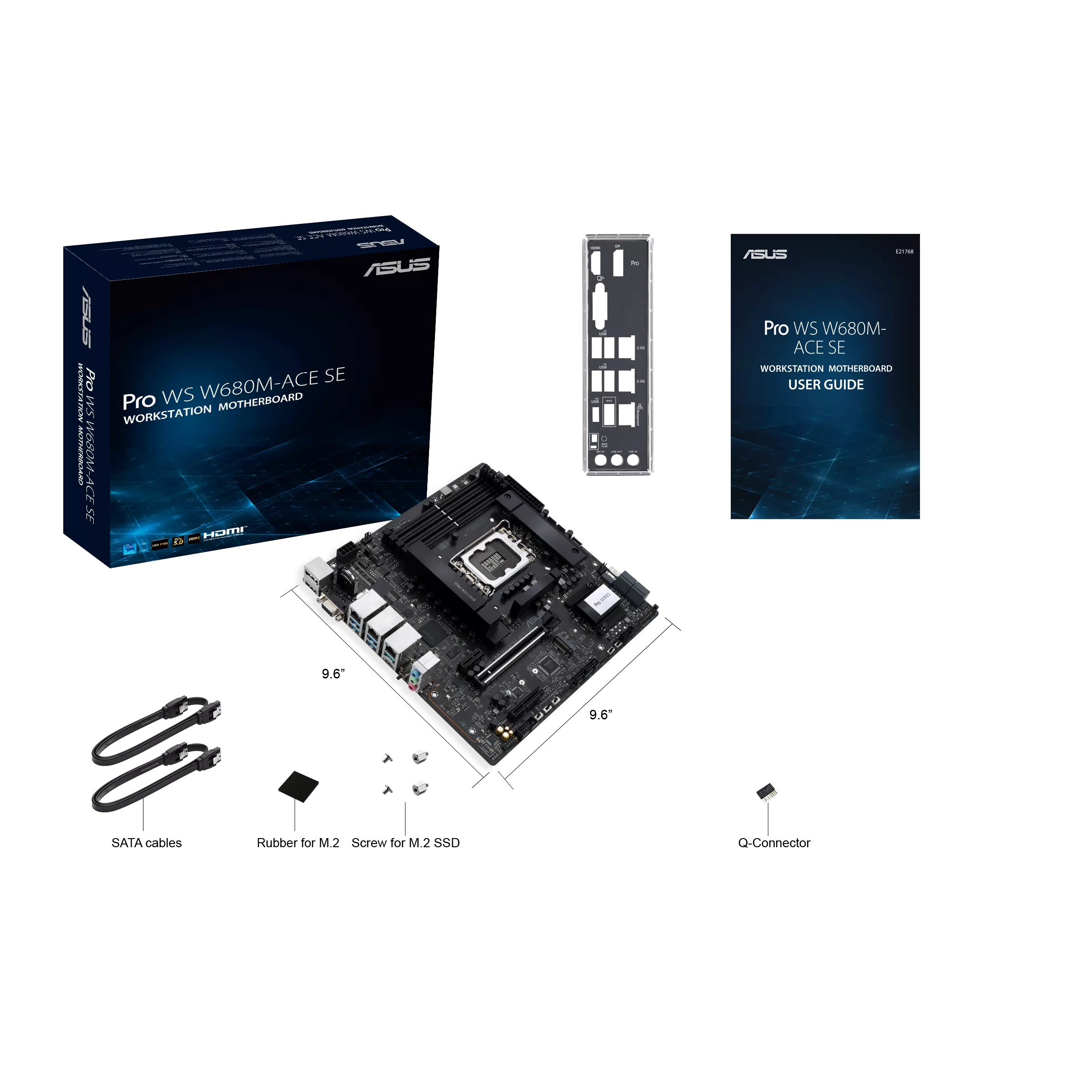 A large main feature product image of ASUS Pro WS W680M-ACE SE LGA1700 mATX Workstation Motherboard