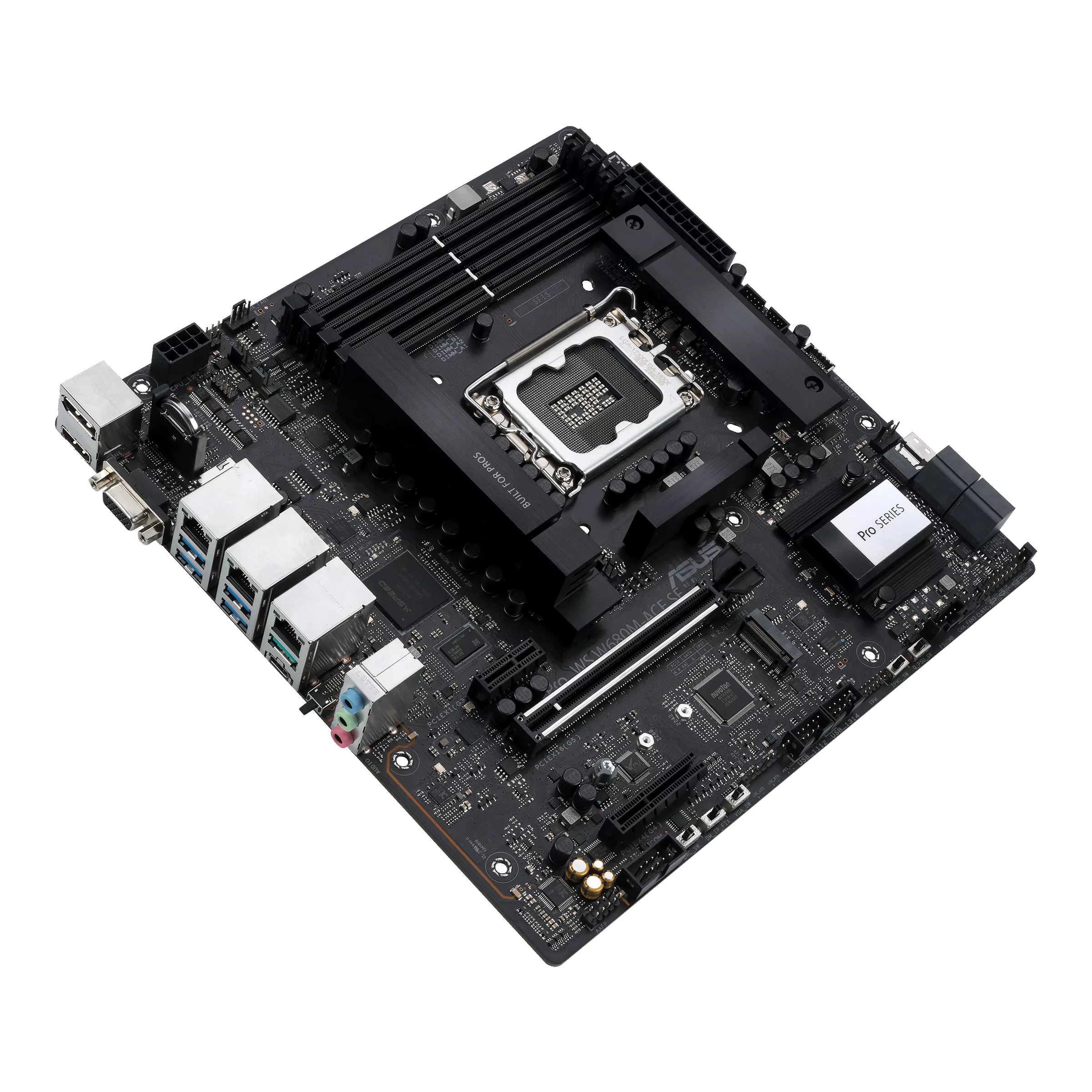A large main feature product image of ASUS Pro WS W680M-ACE SE LGA1700 mATX Workstation Motherboard
