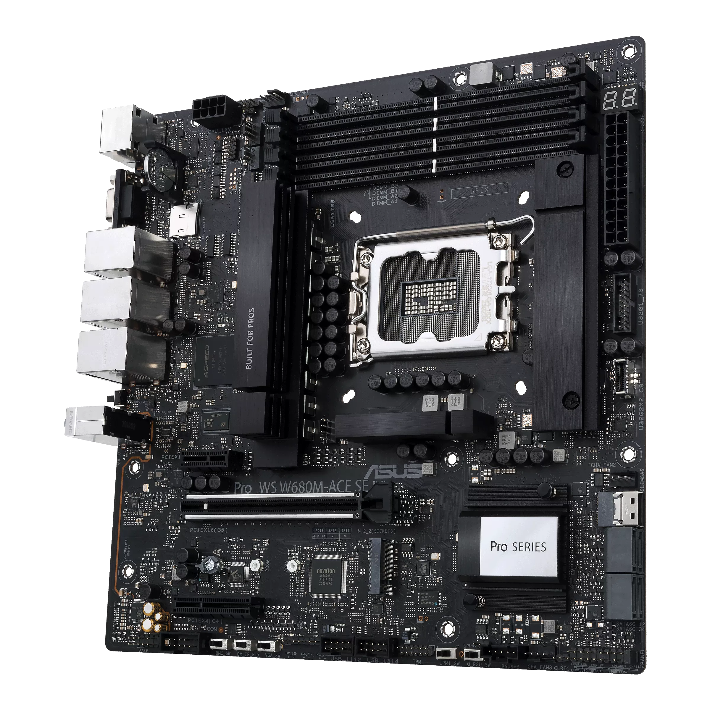 A large main feature product image of ASUS Pro WS W680M-ACE SE LGA1700 mATX Workstation Motherboard