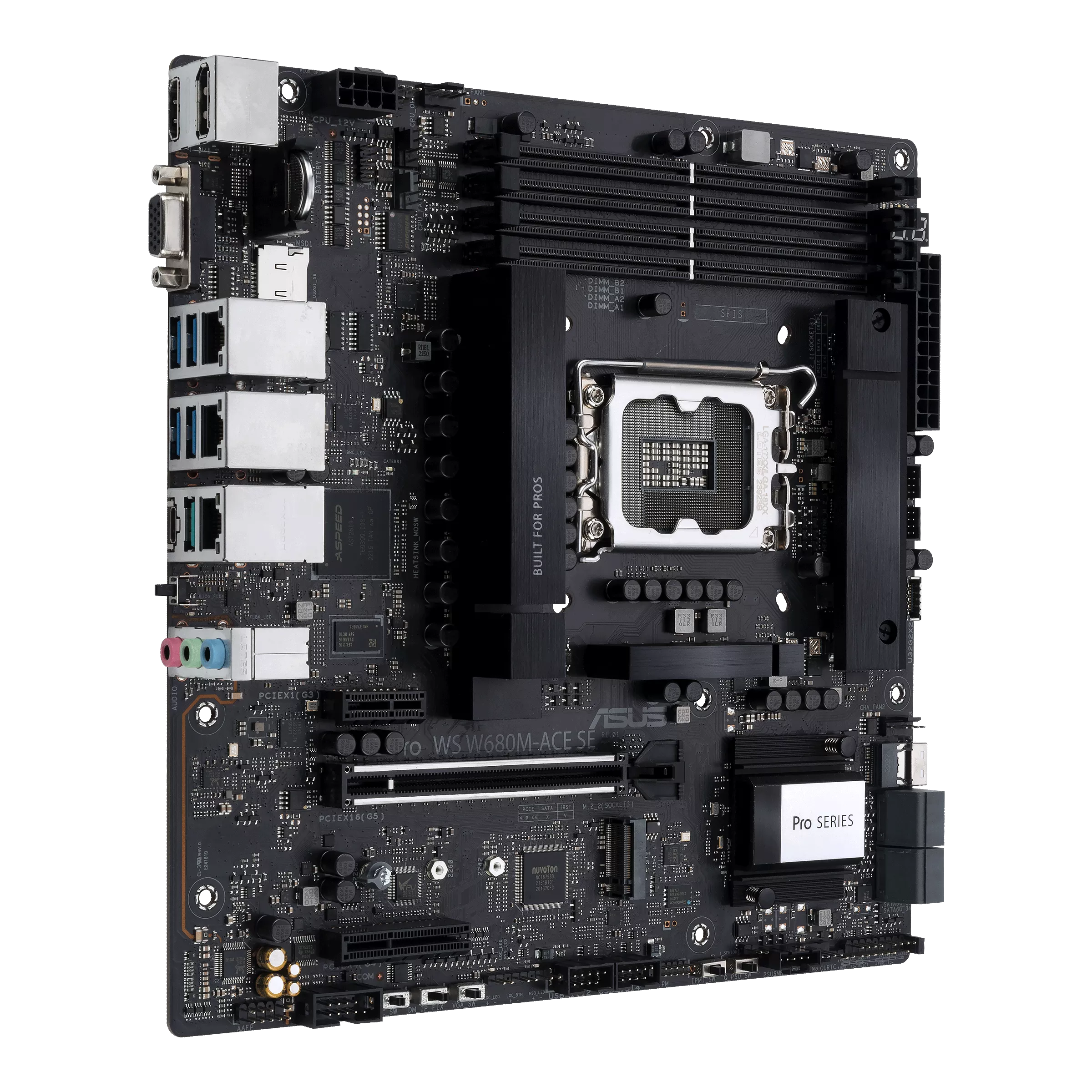 A large main feature product image of ASUS Pro WS W680M-ACE SE LGA1700 mATX Workstation Motherboard