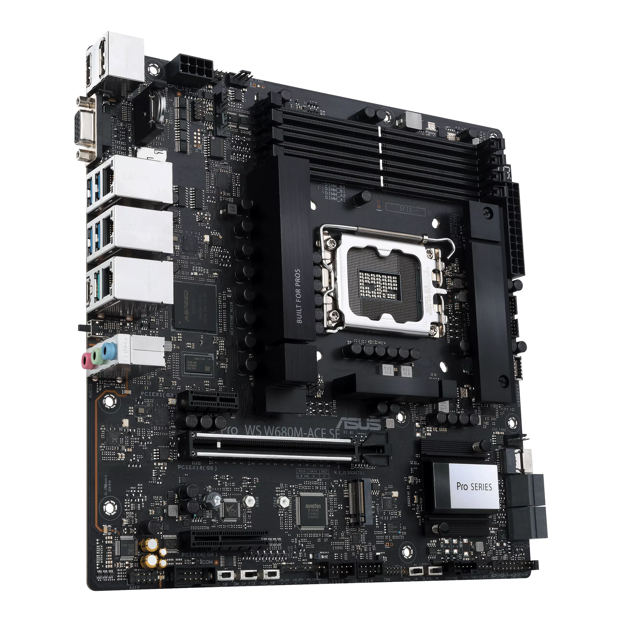 A large main feature product image of ASUS Pro WS W680M-ACE SE LGA1700 mATX Workstation Motherboard