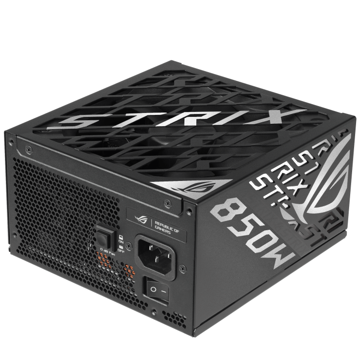 A large main feature product image of ASUS ROG Strix 850W Platinum PCIe 5.0 ATX Modular PSU