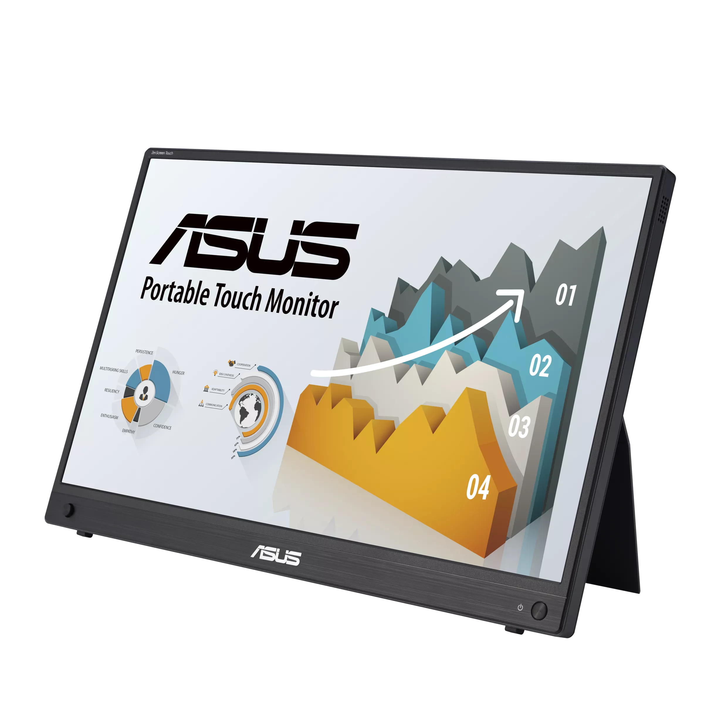 A large main feature product image of ASUS ZenScreen Touch MB16AMTR - 16" 1080p 60Hz IPS Portable Monitor