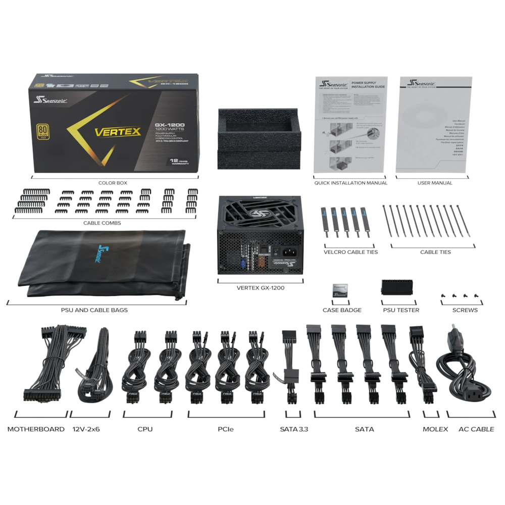 A large main feature product image of Seasonic VERTEX GX 1200W Gold PCIe 5.0 ATX 3.0 Modular PSU