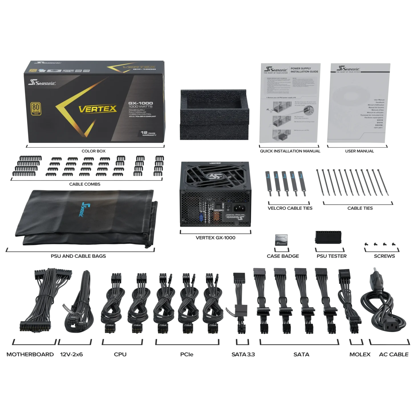 A large main feature product image of Seasonic VERTEX GX 1000W Gold PCIe 5.0 ATX 3.0 Modular PSU
