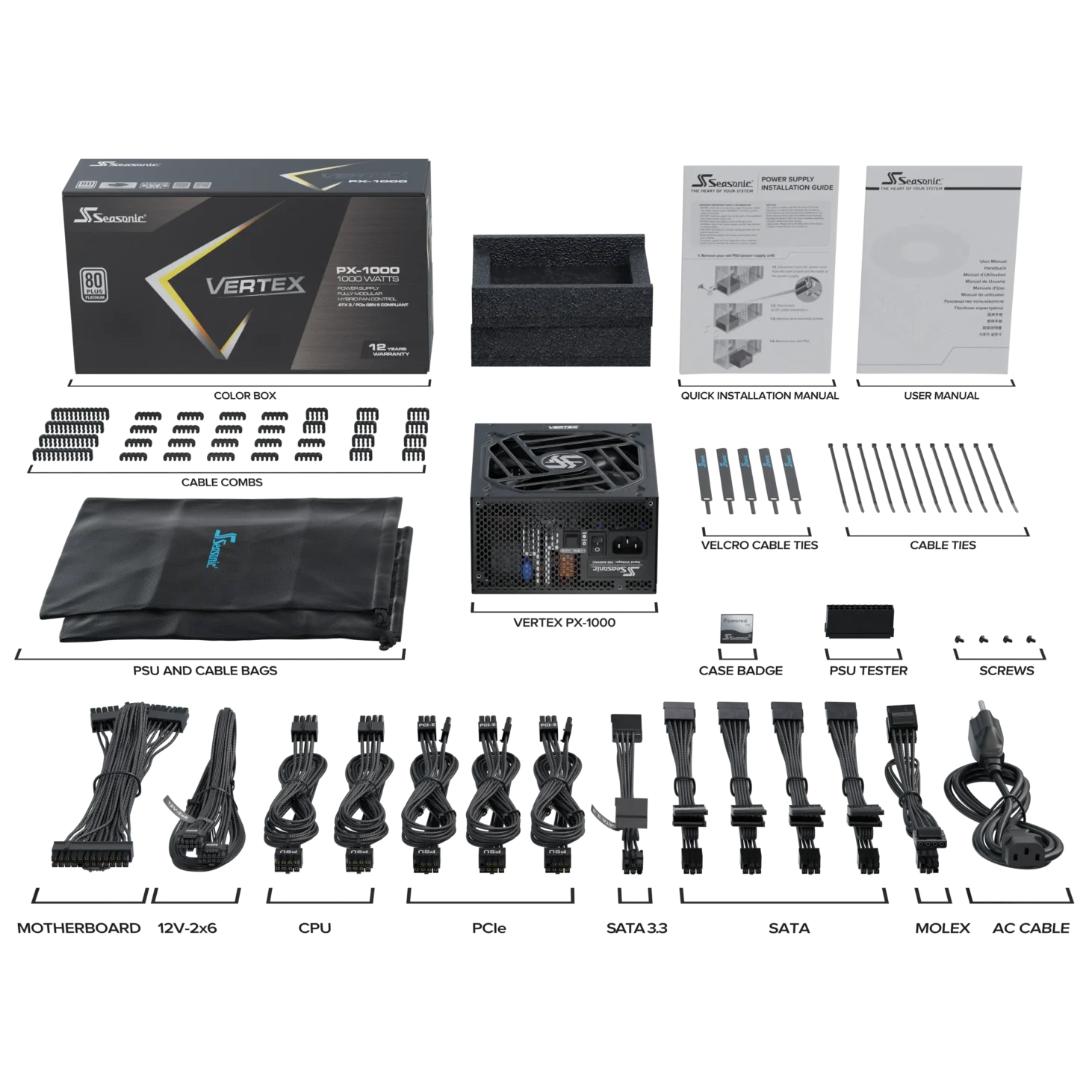 A large main feature product image of Seasonic VERTEX PX 1000W Platinum PCIe 5.0 ATX 3.0 Modular PSU
