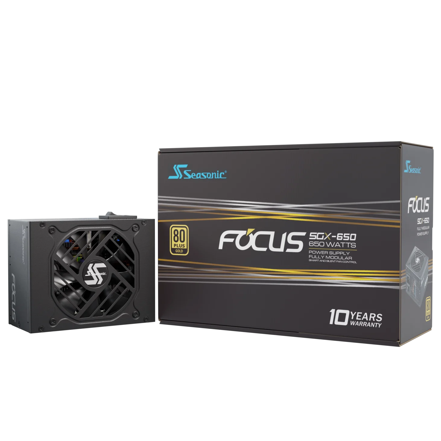 A large main feature product image of Seasonic FOCUS SGX 650W Gold SFX Modular PSU