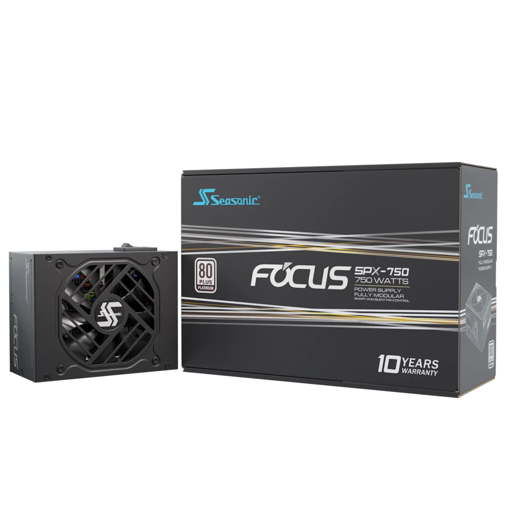A large main feature product image of Seasonic FOCUS SPX 750W Platinum SFX Modular PSU