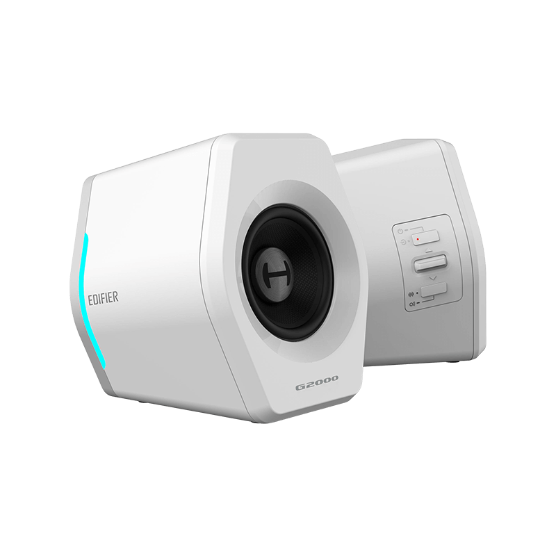 A large main feature product image of Edifier G2000 RGB Gaming Stereo Speakers (White)