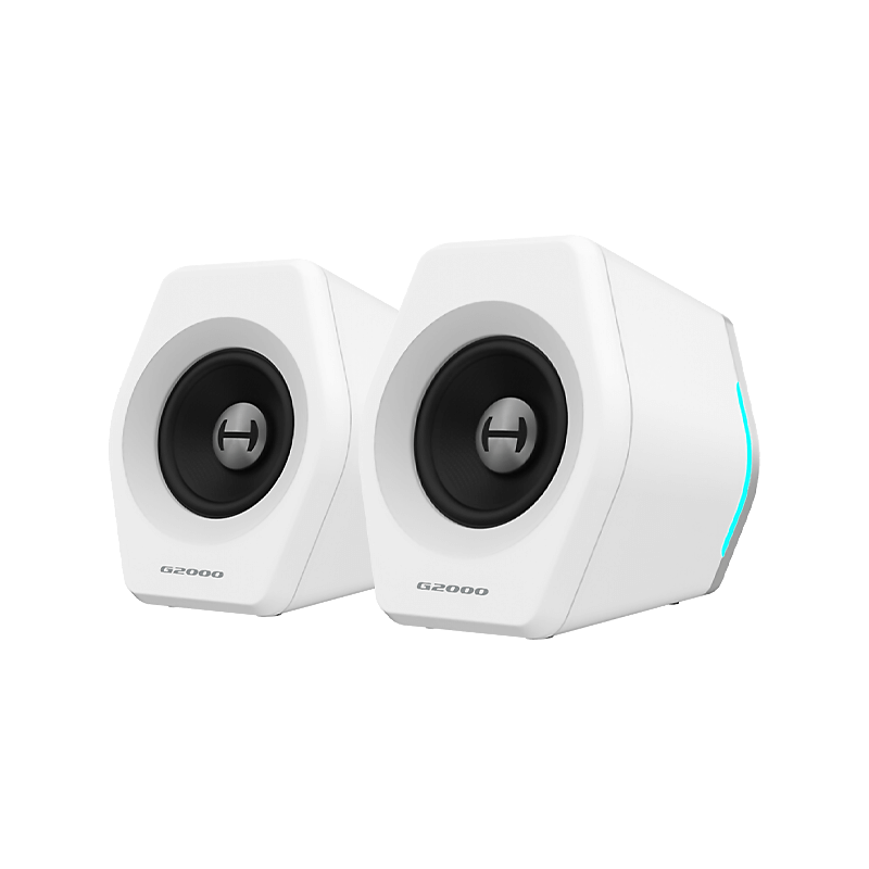 A large main feature product image of Edifier G2000 RGB Gaming Stereo Speakers (White)