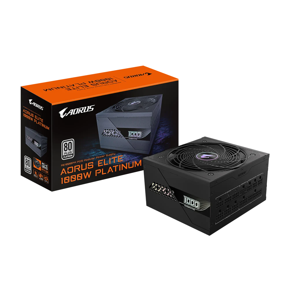 A large main feature product image of Gigabyte AORUS ELITE 1000W Platinum PCIe 5.0 ATX Modular PSU