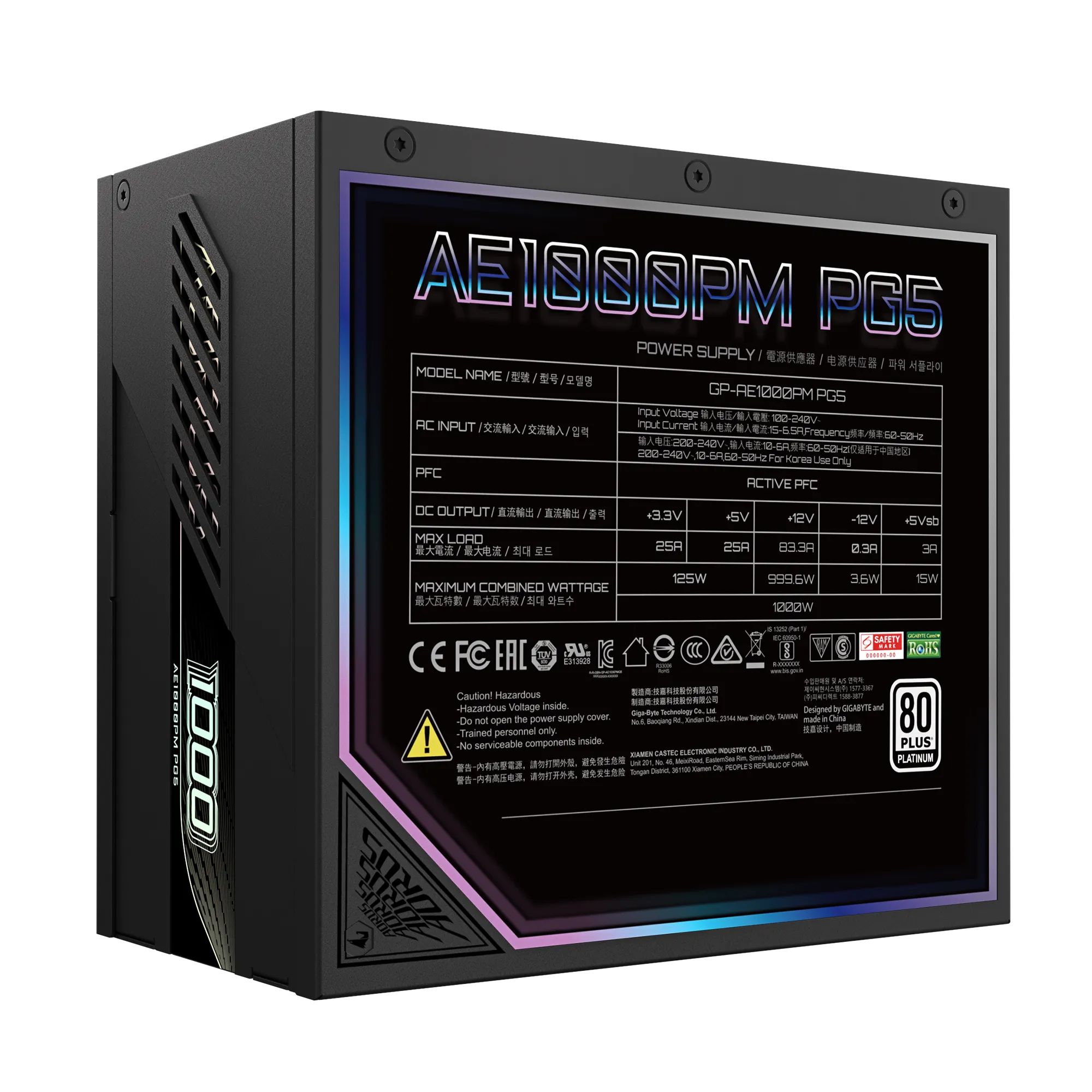 A large main feature product image of Gigabyte AORUS ELITE 1000W Platinum PCIe 5.0 ATX Modular PSU