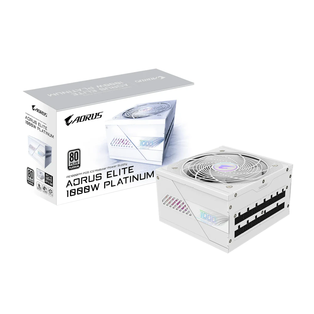 A large main feature product image of Gigabyte AORUS ELITE 1000W Platinum PCIe 5.0 ATX Modular PSU (White)