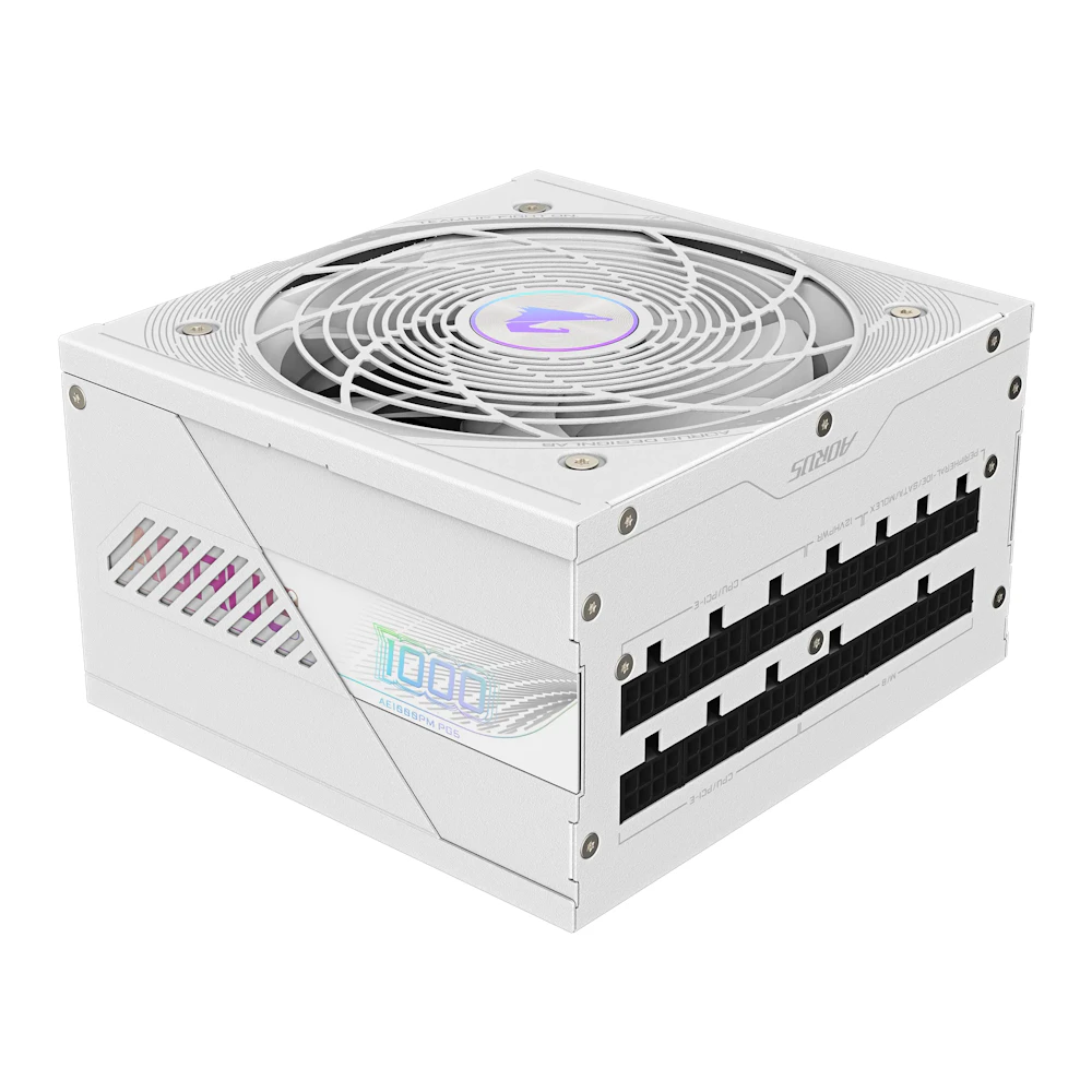 A large main feature product image of Gigabyte AORUS ELITE 1000W Platinum PCIe 5.0 ATX Modular PSU (White)