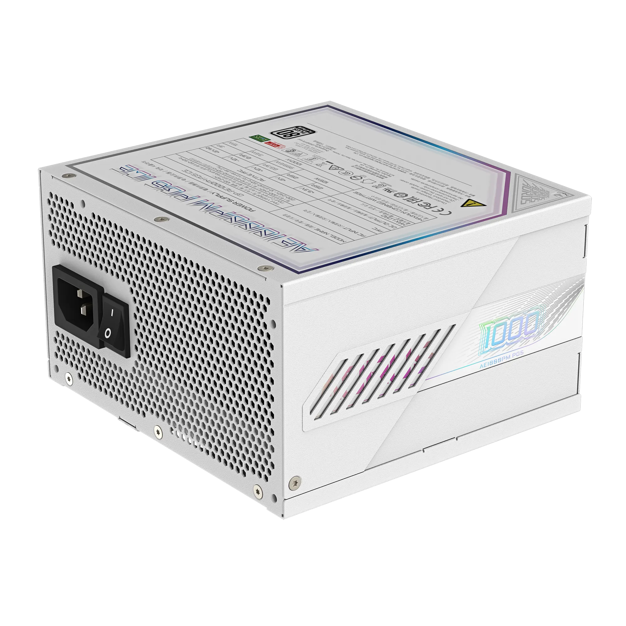 A large main feature product image of Gigabyte AORUS ELITE 1000W Platinum PCIe 5.0 ATX Modular PSU (White)