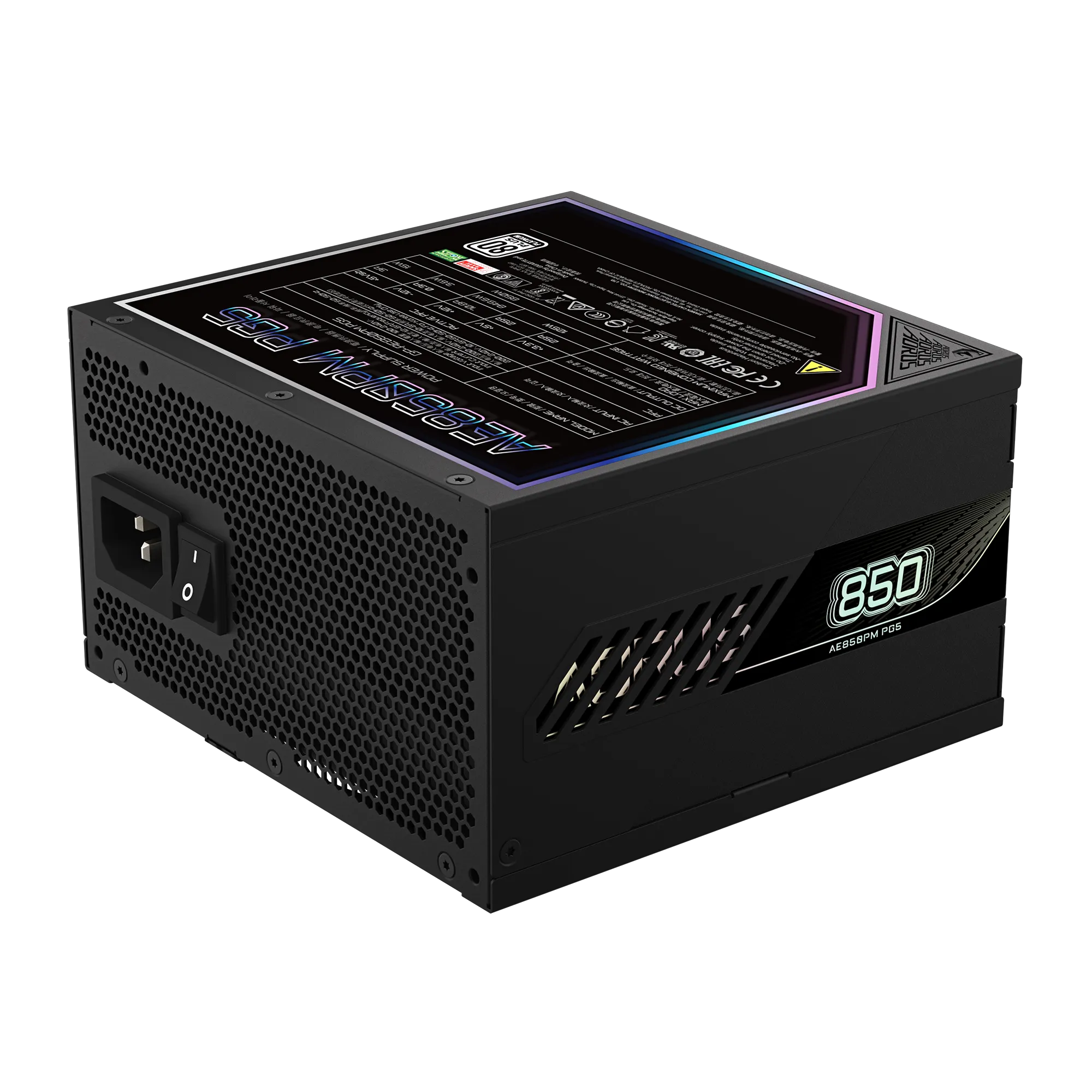 A large main feature product image of Gigabyte AORUS ELITE 850W Platinum PCIe 5.0 ATX Modular PSU