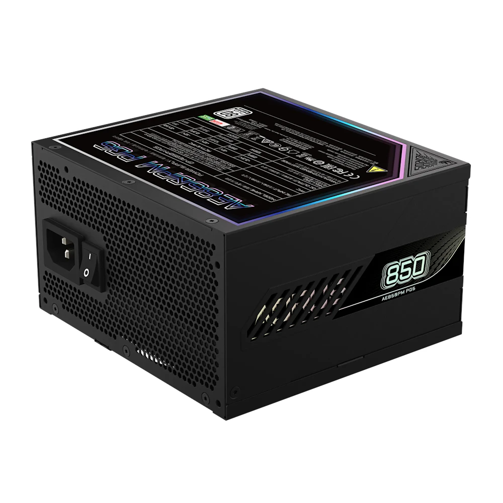 A large main feature product image of Gigabyte AORUS ELITE 850W Platinum PCIe 5.0 ATX Modular PSU