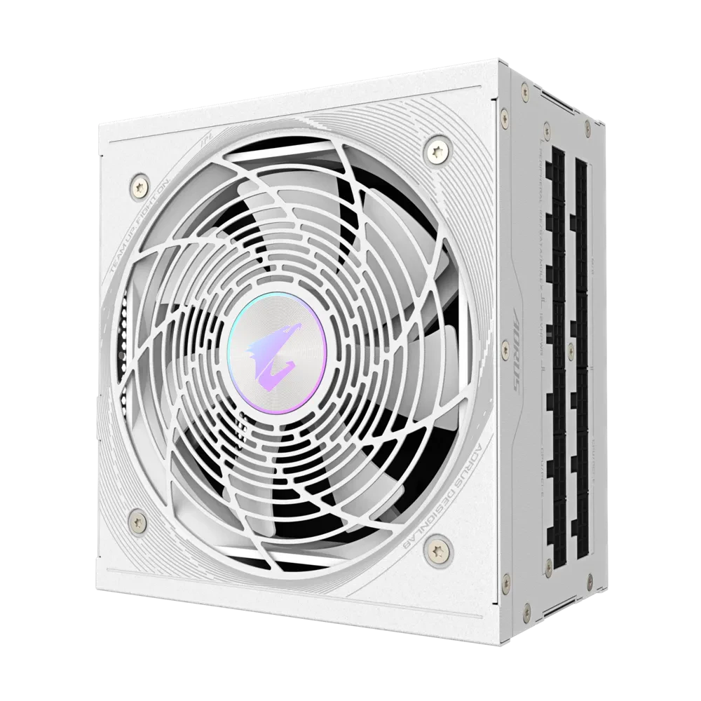 A large main feature product image of Gigabyte AORUS ELITE 850W Platinum PCIe 5.0 ATX Modular PSU (White)