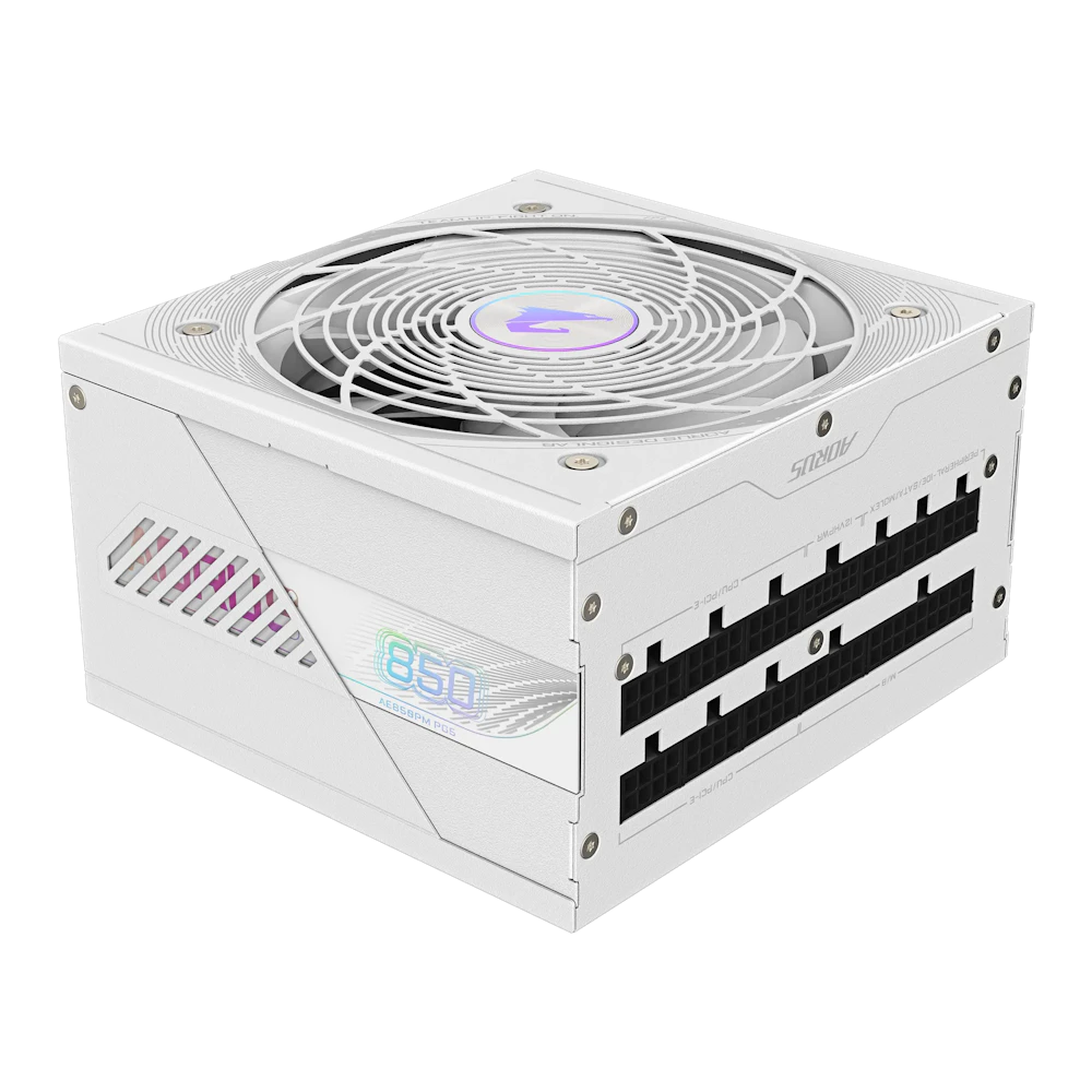 A large main feature product image of Gigabyte AORUS ELITE 850W Platinum PCIe 5.0 ATX Modular PSU (White)