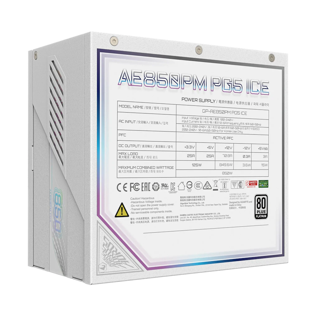 A large main feature product image of Gigabyte AORUS ELITE 850W Platinum PCIe 5.0 ATX Modular PSU (White)