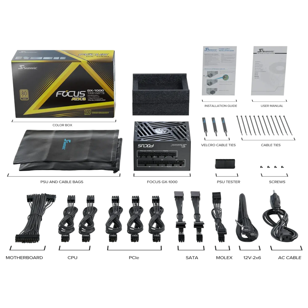 A large main feature product image of Seasonic FOCUS V4 GX 1000W Gold PCIe 5.1 ATX 3.1 Modular PSU