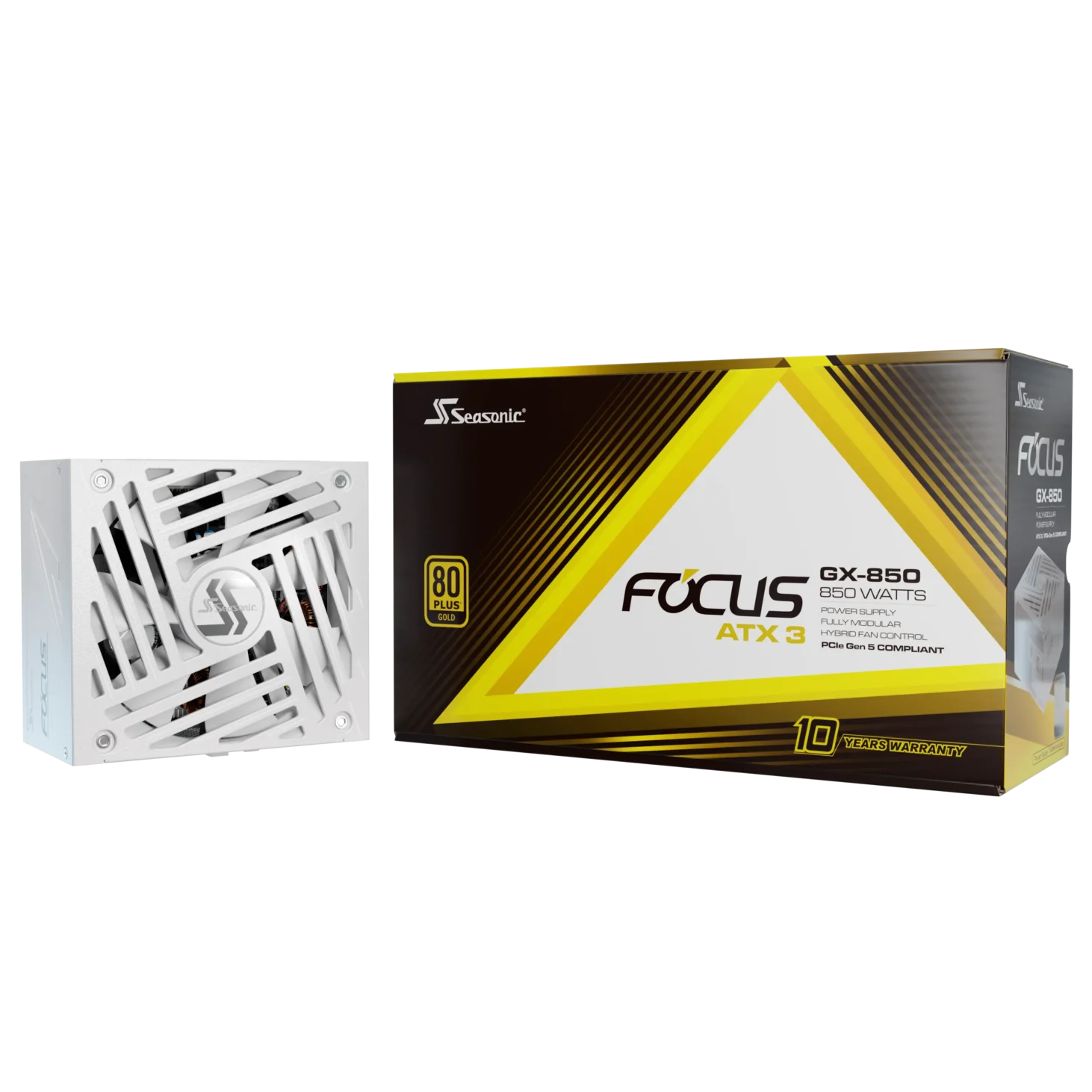 A large main feature product image of Seasonic FOCUS V4 GX 850W Gold PCIe 5.1 ATX 3.1 Modular PSU (White)