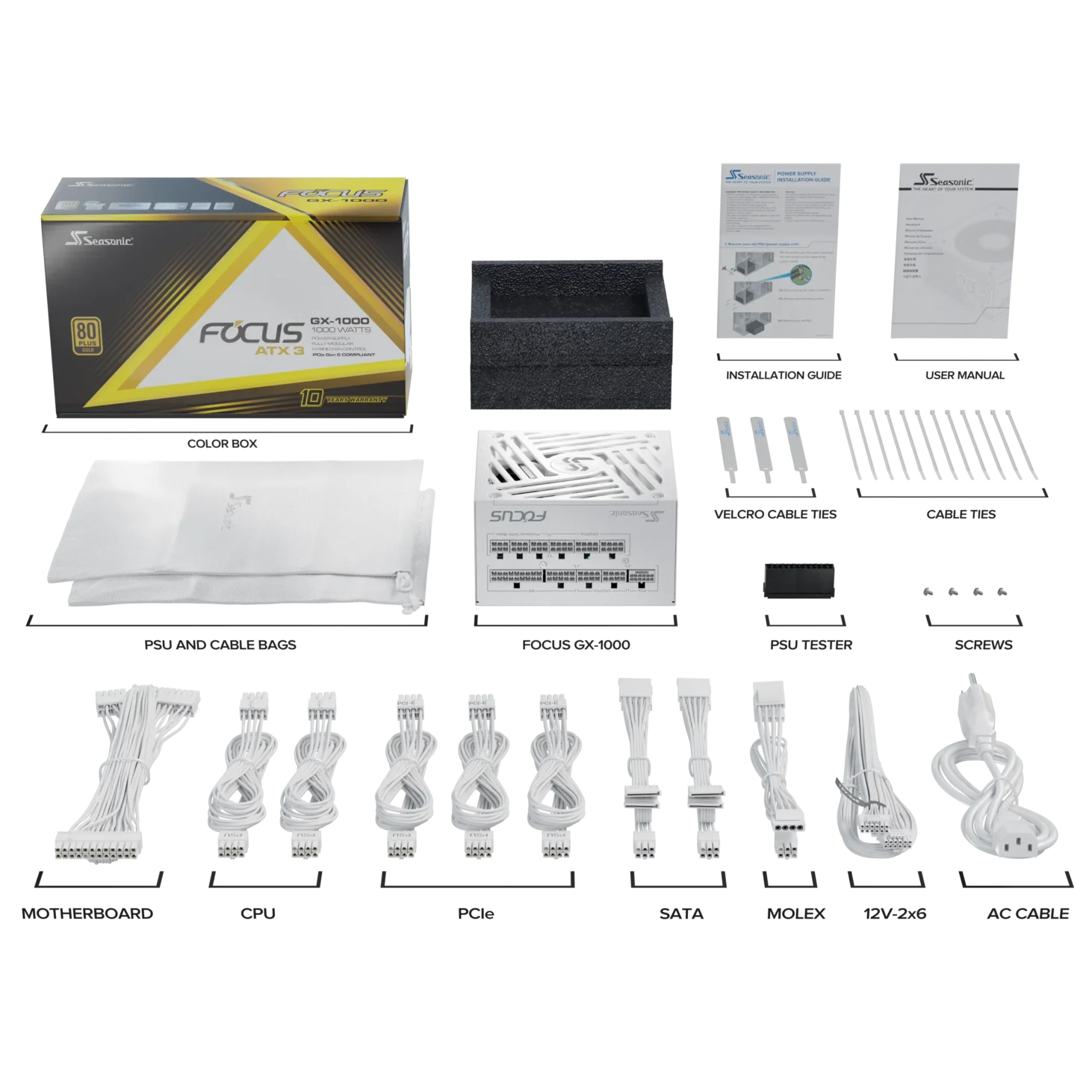 A large main feature product image of Seasonic FOCUS V4 GX 1000W Gold PCIe 5.1 ATX 3.1 Modular PSU (White)