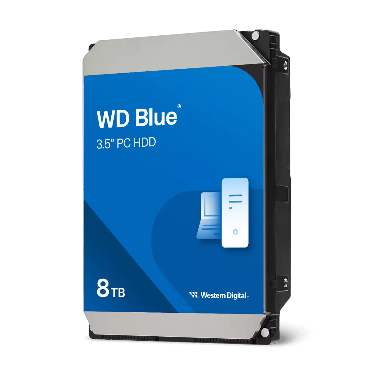 A large main feature product image of WD Blue 3.5" Desktop HDD - 8TB 256MB