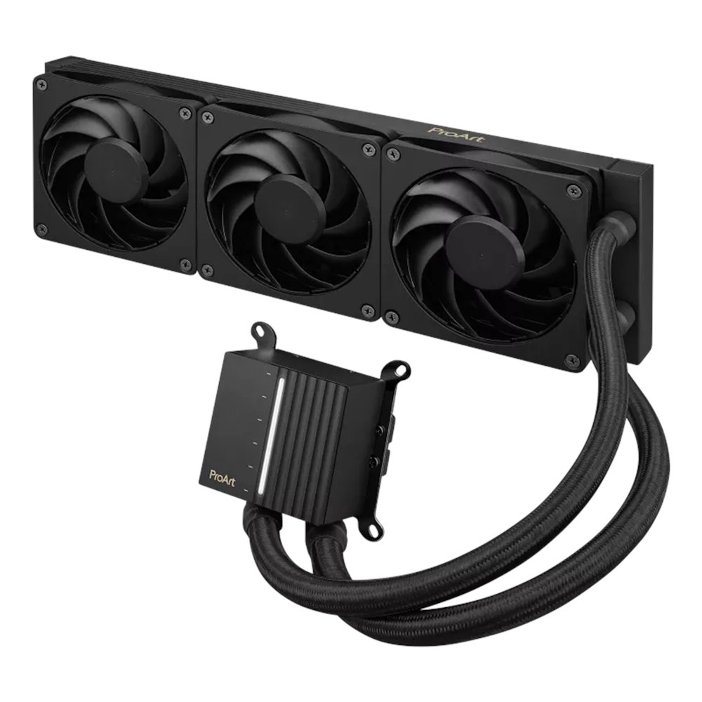 A large main feature product image of ASUS ProArt LC 360 360mm AIO Liquid CPU Cooler