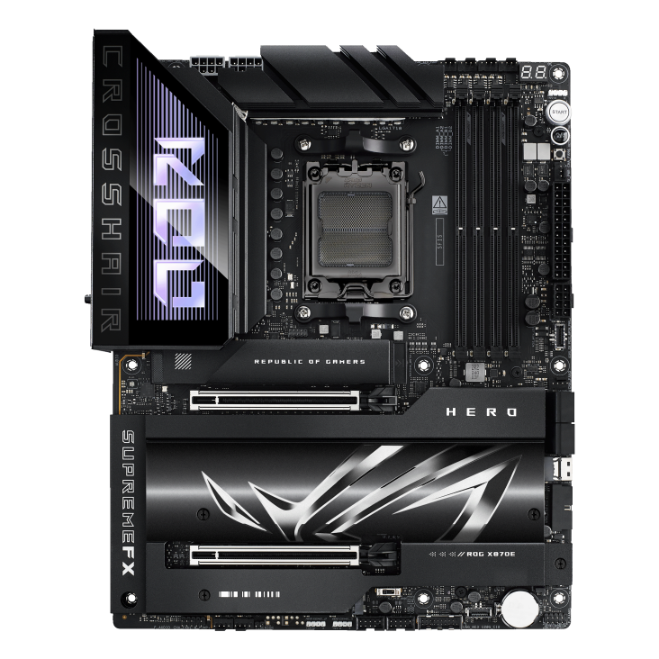 A large main feature product image of ASUS ROG Crosshair X870E Hero AM5 ATX Desktop Motherboard