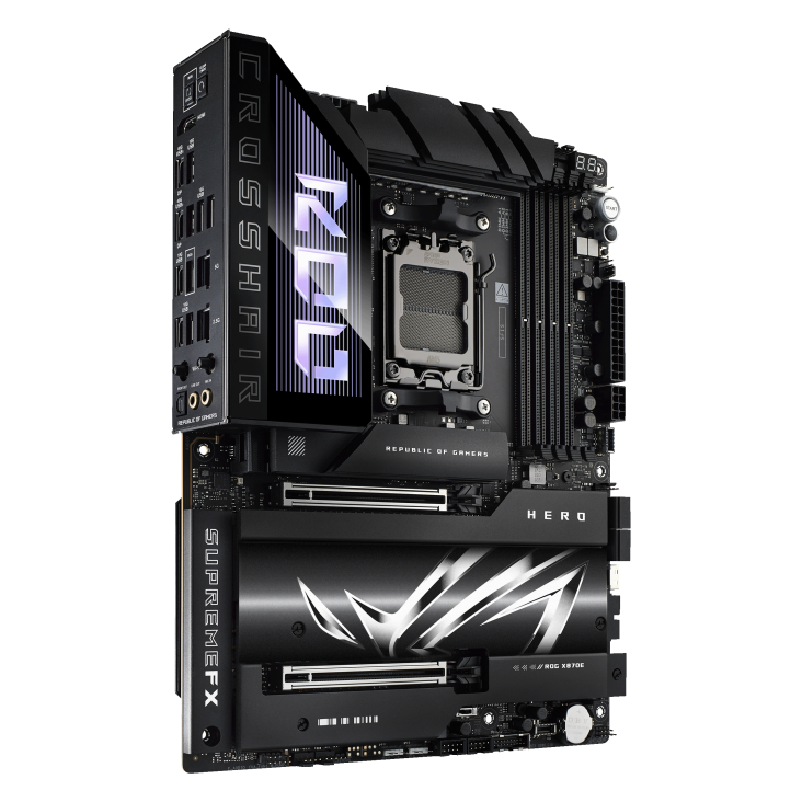 A large main feature product image of ASUS ROG Crosshair X870E Hero AM5 ATX Desktop Motherboard