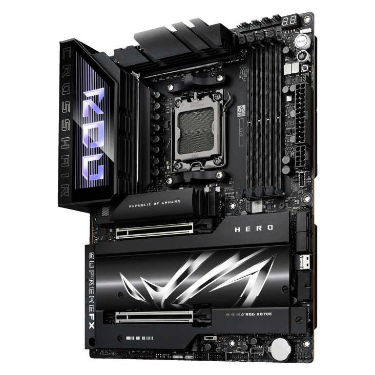 A large main feature product image of ASUS ROG Crosshair X870E Hero AM5 ATX Desktop Motherboard