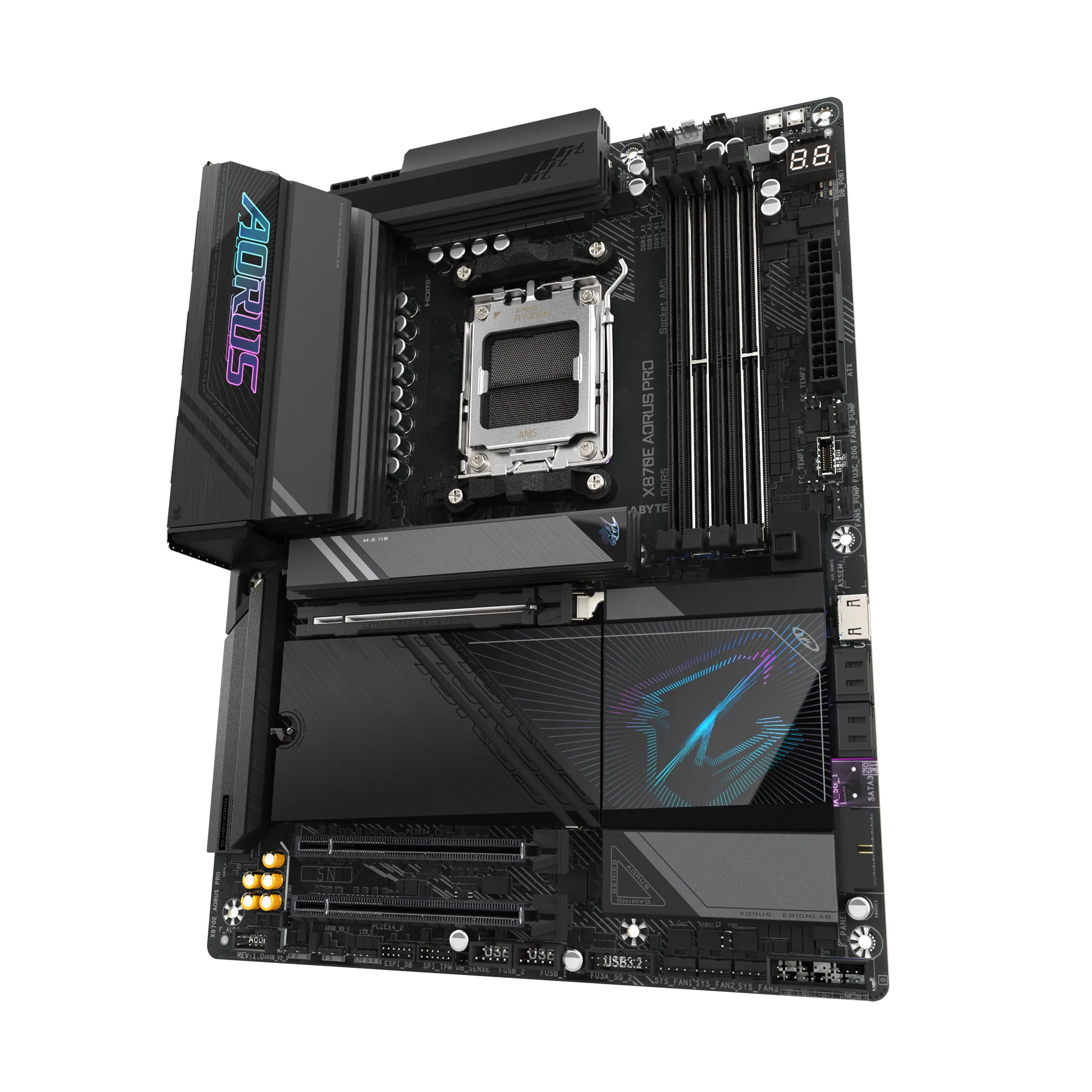 A large main feature product image of Gigabyte X870E AORUS PRO AM5 ATX Desktop Motherboard